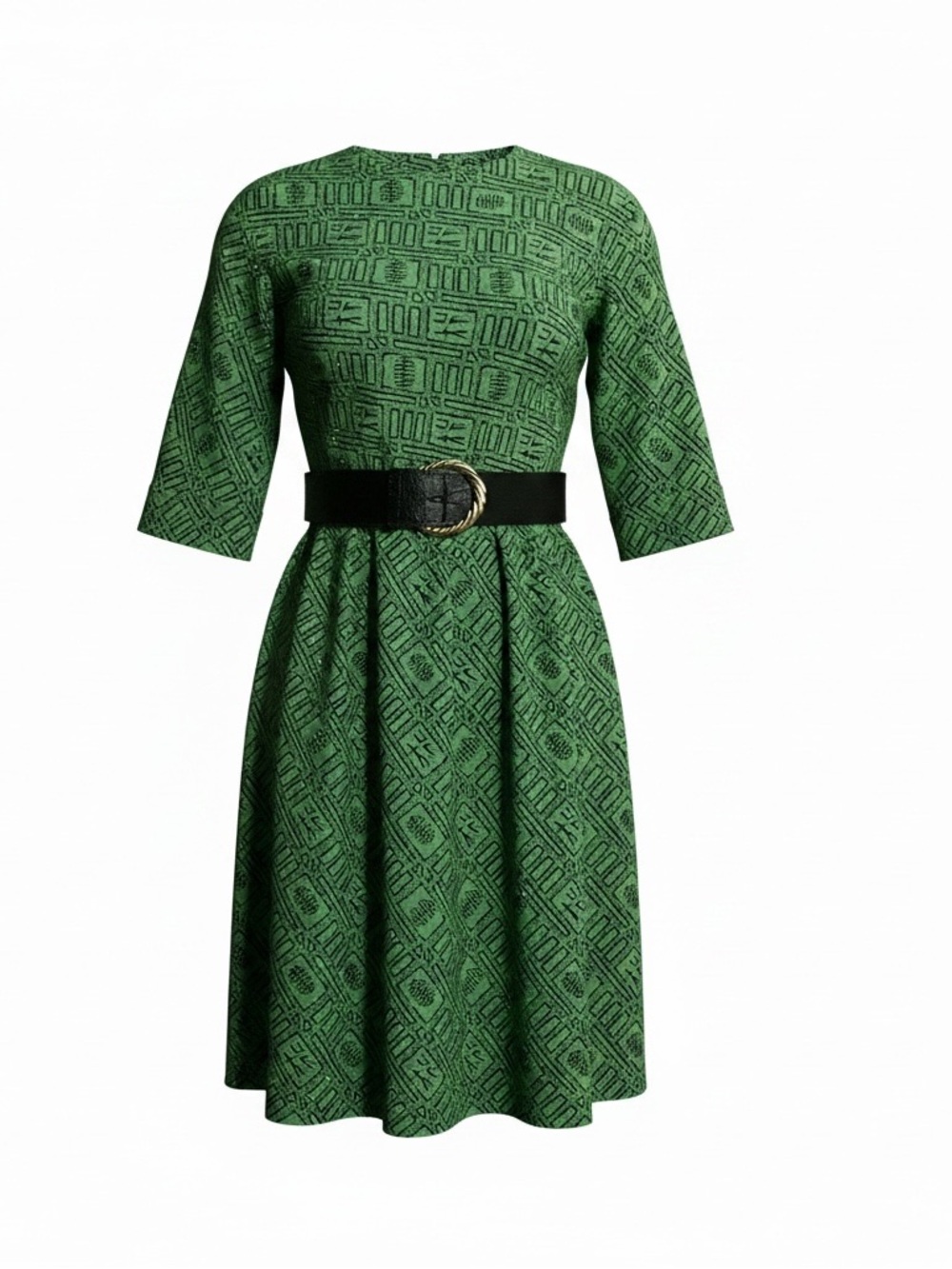 Green Textured Pattern Dress with Statement Belt